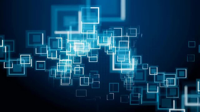 Abstract digital animation of glowing blue squares moving in a dynamic pattern. Represents technology, innovation, and digital transformation in modern design