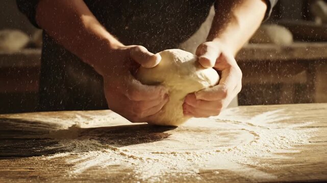 A baker's hands knead dough in slow motion on a floured wooden table. Cinematic close-up of making fresh bread from scratch. Artisanal and homemade baking concept