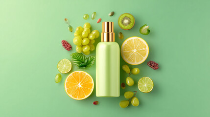 A green cosmetic bottle surrounded by fresh fruits and herbs on a green background for natural skincare