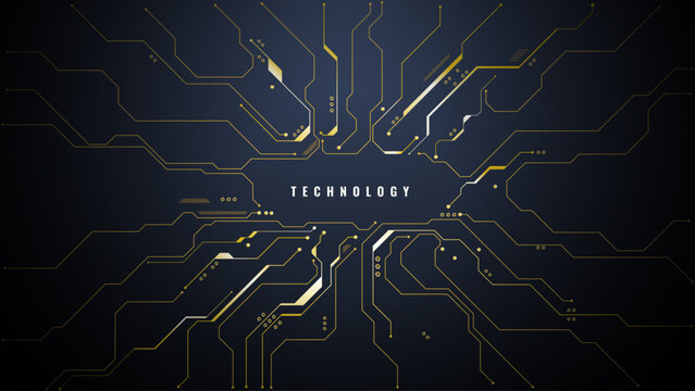Futuristic microchip pattern on dark luxury background with central space for text. Digital network lines create sophisticated tech aesthetic for AI presentations. Digital vector illustration 