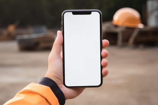 Worker hand holding a modern smartphone with a blank white screen, ideal for mockup display