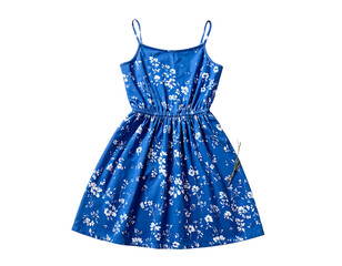 Bright blue floral print sundress with spaghetti straps and cinched waist