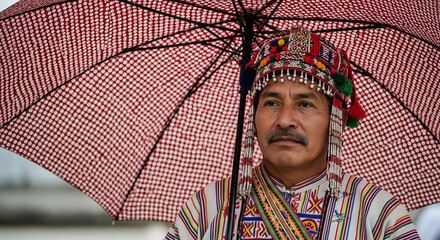 Indian Man Wearing Traditional Folk Costume with Decorative Umbrella, Cultural Heritage Portrait Photography