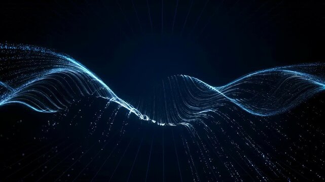 Abstract blue wave patterns with glowing particles in a dark background. Visual representation of sound waves and digital data flow