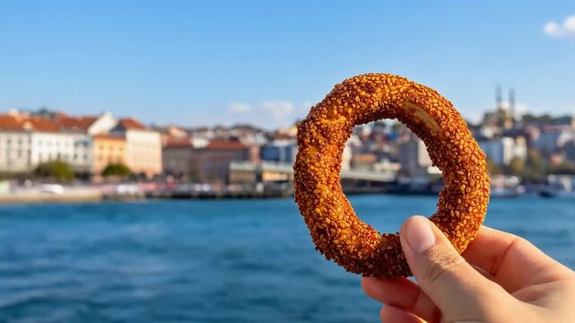 Hand holding a traditional Turkish simit against the Istanbul skyline and Bosphorus, symbolizing local street food culture, travel, and authentic urban lifestyle.