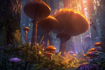 Naklejka premium Fantasy mushrooms with glowing orange caps growing in a magical forest at sunset, creating a mystical atmosphere
