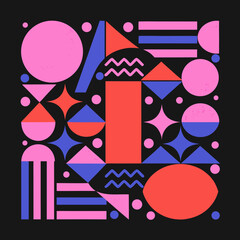 Obraz premium Vibrant geometric shapes arranged in a dynamic composition featuring circles, triangles, and rectangles in various sizes and colors, creating a visually striking design
