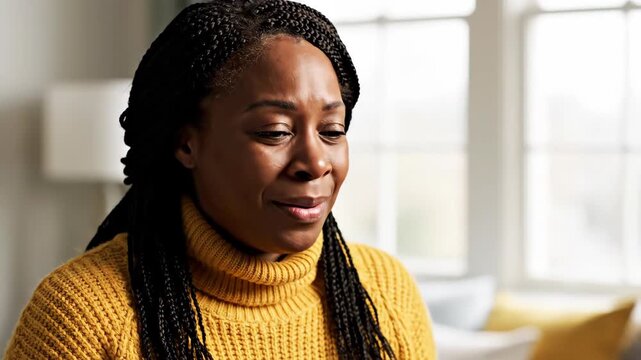 A sick Black woman with a cold sneezing. Close-up of a person with flu symptoms or seasonal allergies at home