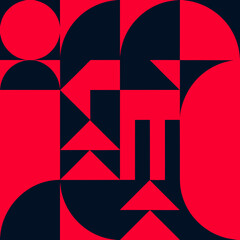 Geometric shapes in red and black form an abstract composition on a graphic illustration