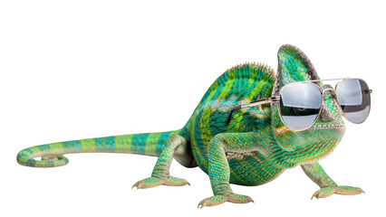 Fototapeta premium Green Chameleon Wearing Virtual Reality Goggles.