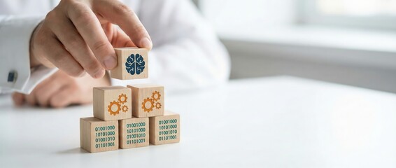 Man stacking wooden blocks with AI brain and gears, representing technology and innovation Concept of artificial intelligence development