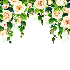 Floral background with white rose flowers and green leaves. Vector greeting or invitation card design