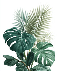 A large green plant with monstera and palm leaves on a white background