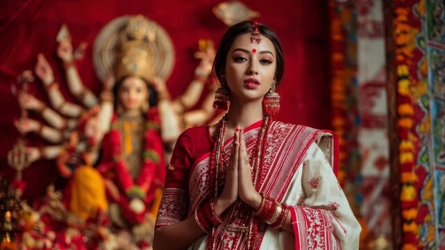 Beautiful indian woman in a traditional saree praying in front of the goddess durga idol