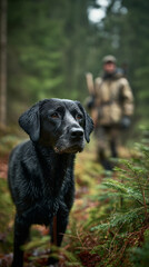 A black dog stands in a forest with a hunter in the background holding a rifle