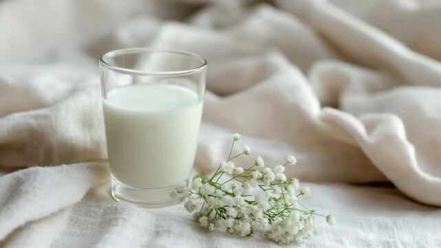 Delicate still life with a glass of milk and gypsophila flowers on a draped linen tablecloth