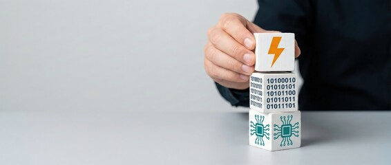 Man stacking cubes with lightning bolt, binary code, and chip Concept of energy, technology, and innovation
