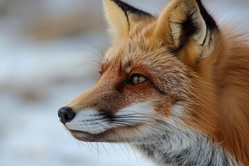 Obraz premium Red fox standing in the snow during winter, looking away