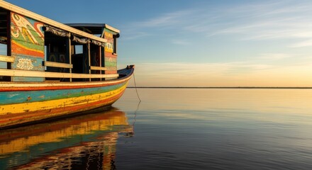 Fototapeta premium Vibrant Boat Reflecting on a Serene Water Surface