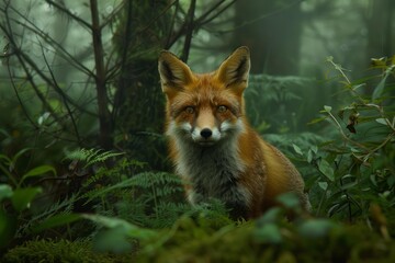 Obraz premium Wild red fox peering through the misty undergrowth of a lush green forest