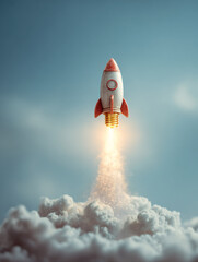 A toy rocket ship blasts off into a blue sky with white clouds and flames