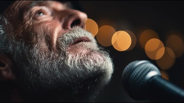 An elderly man passionately singing into a microphone, reflecting emotion and artistry in a live performance setting.