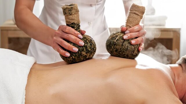 Spa therapist performing herbal compress massage on back with steam. Hot herbal ball treatment for wellness and relaxation