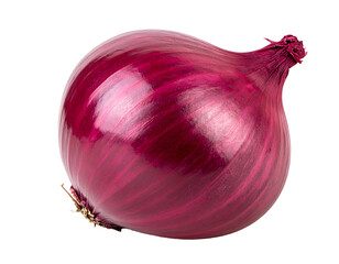 A whole, shiny red onion with deep purple and white layers on a black background