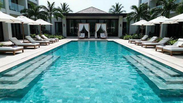 Symmetrical view of a luxury swimming pool at a tropical resort. Rows of white sunbeds and umbrellas lining the blue water. Holiday and relaxation concept