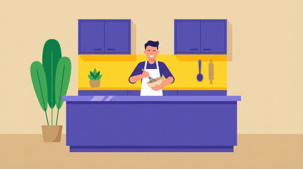 A person stands behind a blue counter with a yellow background and cabinets, plus a green plant sits to the side in the illustration