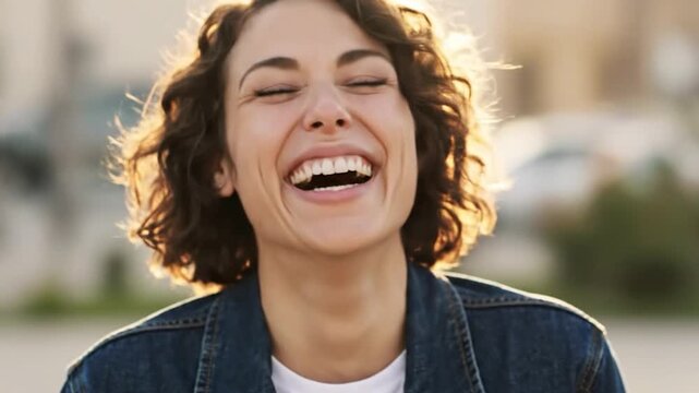 Joyful Woman Laughing Outdoors in Golden Hour Sunlight.