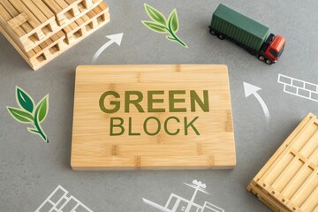 A wooden bamboo chopping block with GREEN BLOCK text flatlay