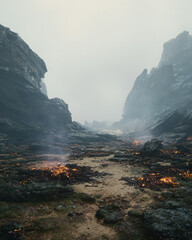 A desolate and smoldering landscape with burning embers and rocky cliffs on a foggy day