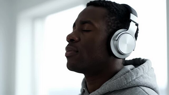 Close-up of a Black man wearing headphones and listening to music. Young man with closed eyes swaying to audio in a grey hoodie. Relaxation and mindfulness concept
