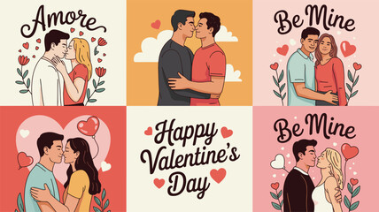 Six Valentine's Day illustrations of couples kissing and embracing