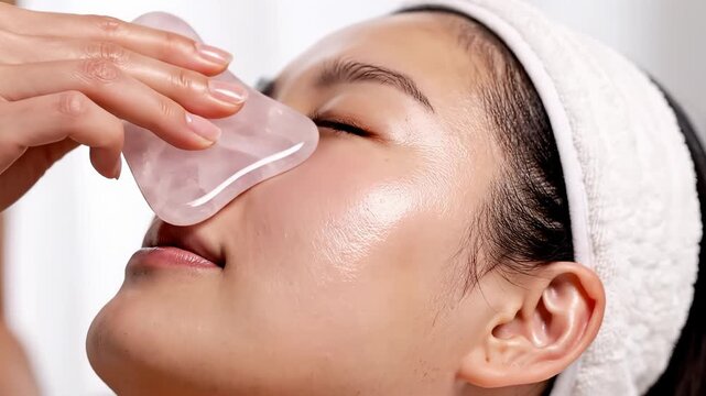 Close-up of an Asian woman receiving a gua sha facial massage. Pink rose quartz tool used on glowing skin for lymphatic drainage. Skincare and wellness concept. Professional beauty treatment