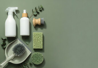 Eco-friendly cleaning supplies and tools arranged on a minimalist green background
