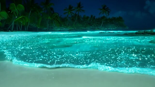 A mesmerizing nighttime scene features a bioluminescent beach with glowing waves gently washing onto a sandy shoreline. tall palm trees silhouette against a dark sky, creating a tropical paradise fill