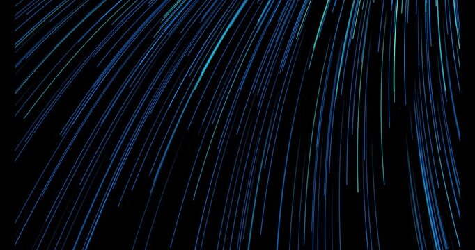 Abstract particle tracks are woven into a dynamic pattern, reminiscent of the orbits of asteroids in outer space. Their movement creates a sense of depth and endless movement.