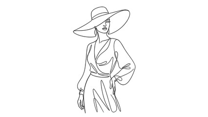 Fototapeta premium Elegant woman wearing a wide-brimmed hat in minimalist line art 