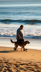 Man walks dog on sandy beach near gentle ocean waves at sunset