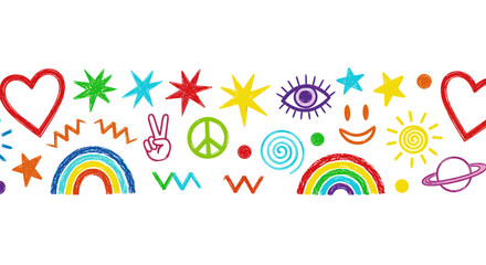 Collection colorful charcoal doodle elements like stars, planets, hearts, crescent moon and smile.