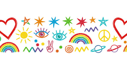 Collection colorful charcoal doodle elements like stars, planets, hearts, crescent moon and smile.