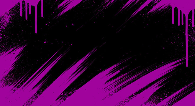 Grunge punk urban background in purple black colors with paint splatters and drips. Grunge punk y2k halftone background with hand drawn bold brush strokes. Scratches effect, purple spray paint.