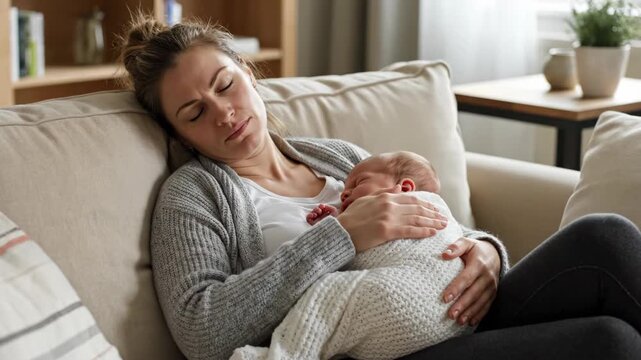 Young mother sleeping on couch holding newborn baby. Exhausted new mom resting with infant at home. Parenthood and bonding moment