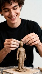 Smiling young man sculpts small clay figure with focused hands