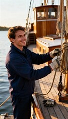 Young man smiles while securing rigging on a classic wooden sailing vessel
