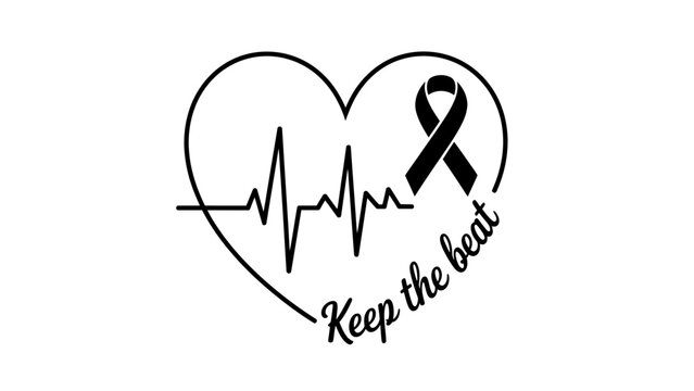 A heart with an ECG line and a black ribbon with the words Keep the beat