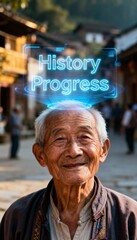 Elderly man smiles as holographic "History Progress" floats above