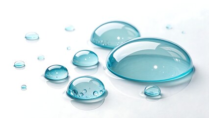 Clear blue water droplets of varying sizes resting on white surface with bright reflections and soft shadows
